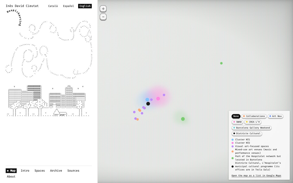 The Hospicharting website: the words swirling round a drawing of the city, beside the map of L’Hospitalet’s art spaces.