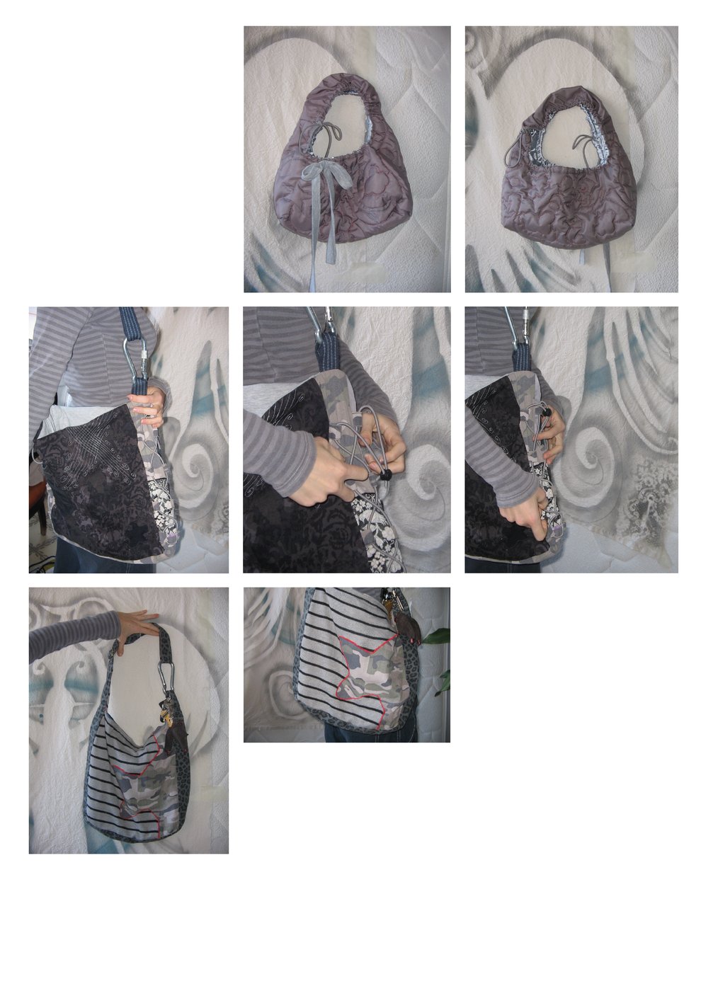 A sheet of photos of hand-made bags: quilted, patched and striped, worn and held.